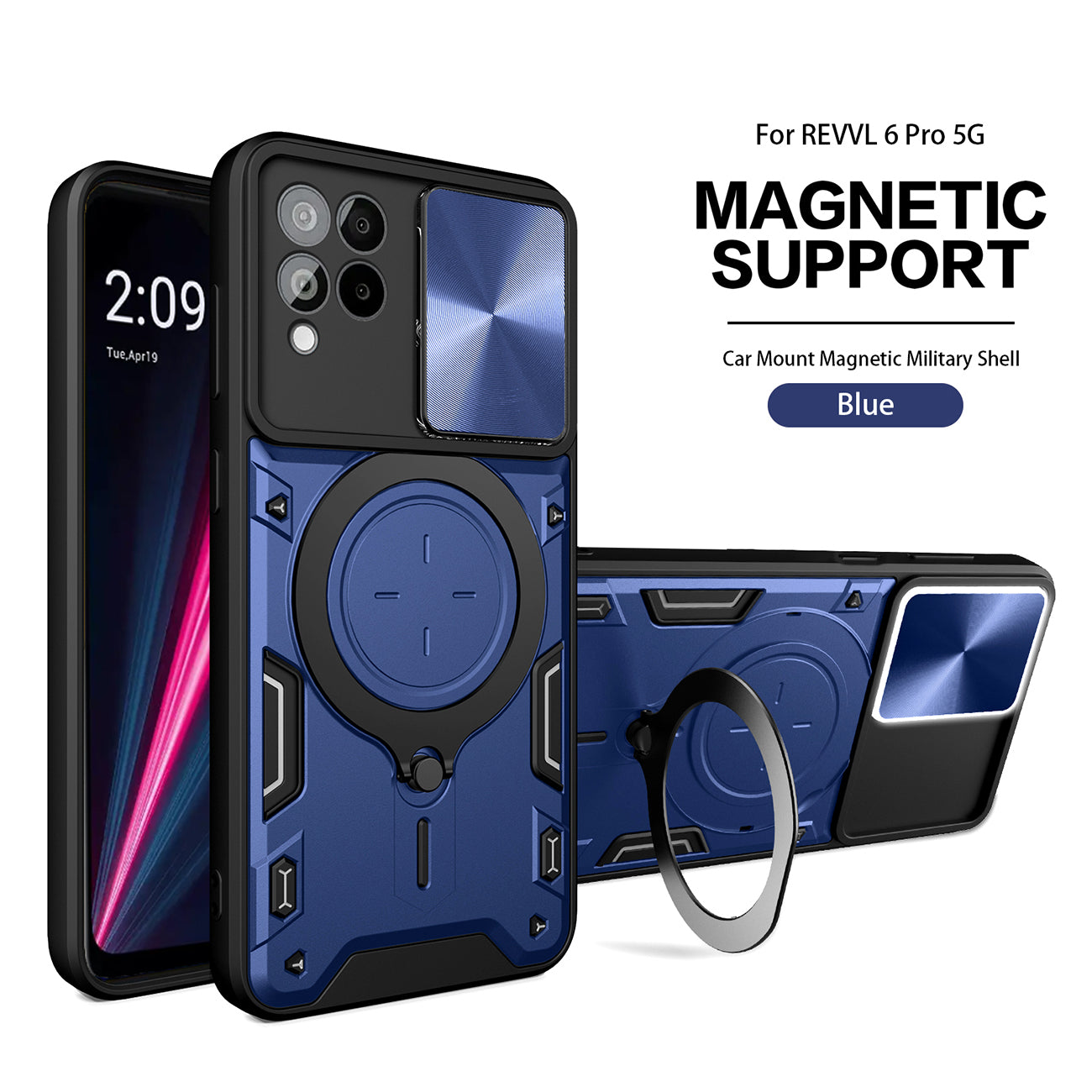 TPU PC Shockproof Magnetic Phone Case with Free Adjustment Ring Holder for REVVL 6 PRO 5G in Blue
